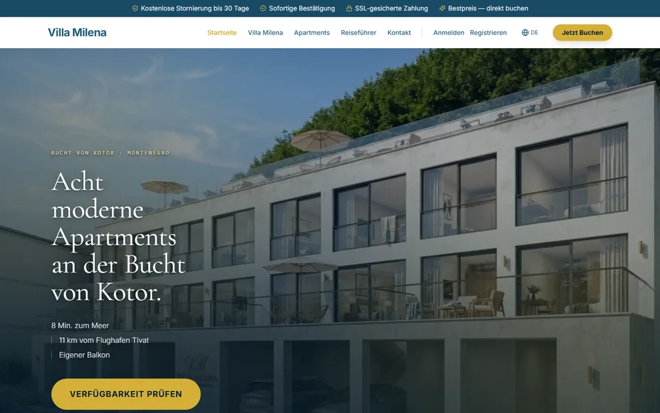Screenshot der Website: Villa Milena